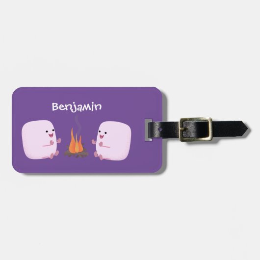 Cute roze marshmallows by kamp fire cartoon bagagelabel (Voorkant horizontaal)