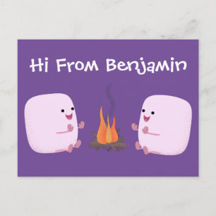 Cute roze marshmallows by kamp fire cartoon briefkaart