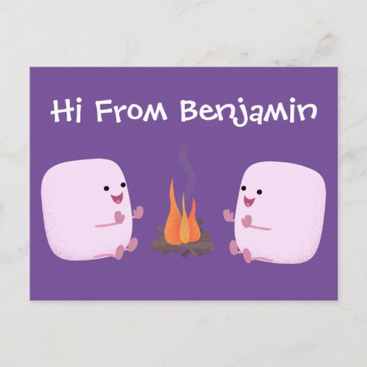 Cute roze marshmallows by kamp fire cartoon briefkaart (Voorkant)