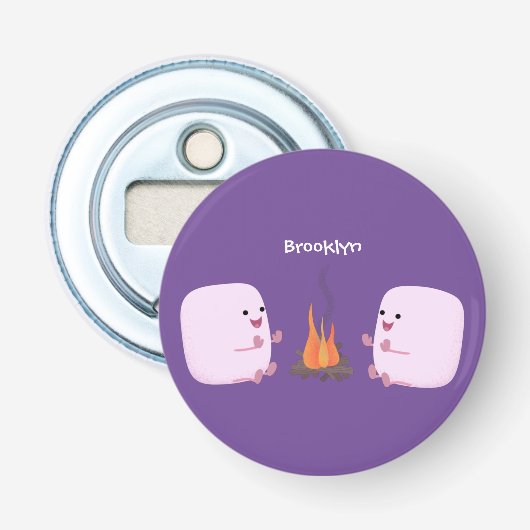 Cute roze marshmallows by kamp fire cartoon button flesopener (Voorkant)