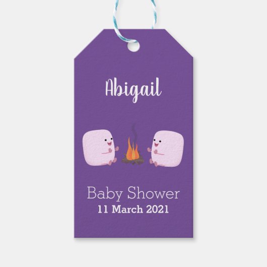 Cute roze marshmallows by kamp fire cartoon cadeaulabel (Voorkant)