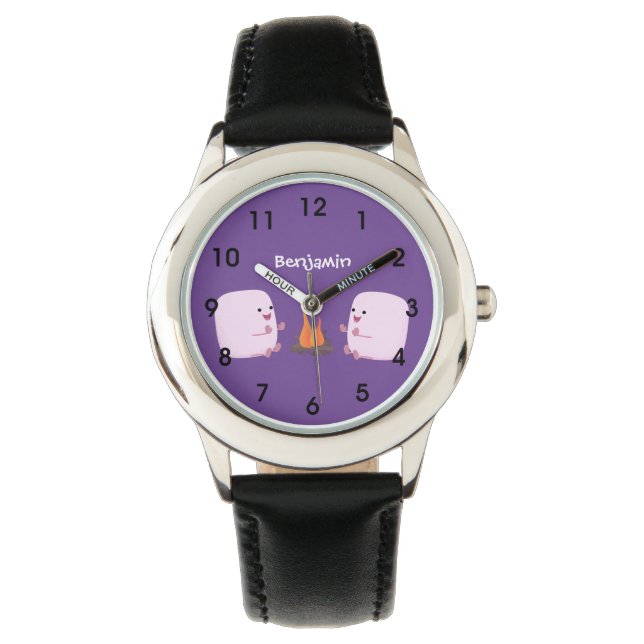Cute roze marshmallows by kamp fire cartoon horloge (Voorkant)
