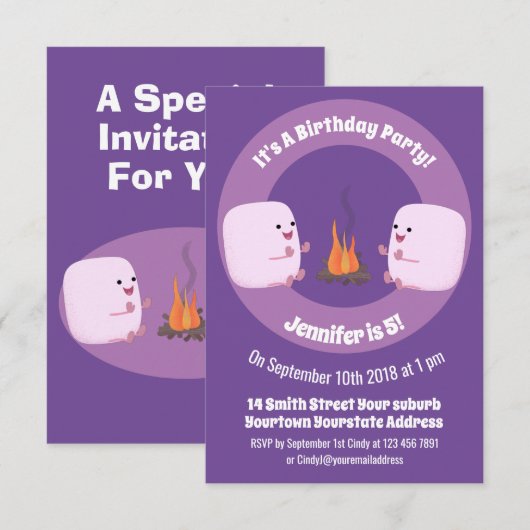 Cute roze marshmallows by kamp fire cartoon kaart (Voorkant / Achterkant)