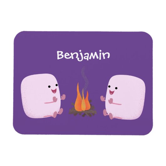 Cute roze marshmallows by kamp fire cartoon magneet (Horizontaal)