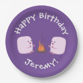 Cute roze marshmallows by kamp fire cartoon papieren bordje (Voorkant)