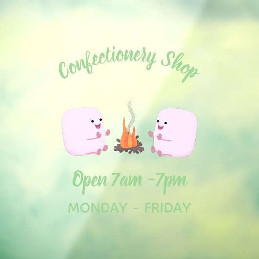 Cute roze marshmallows by kamp fire cartoon raamsticker (Vel 3)