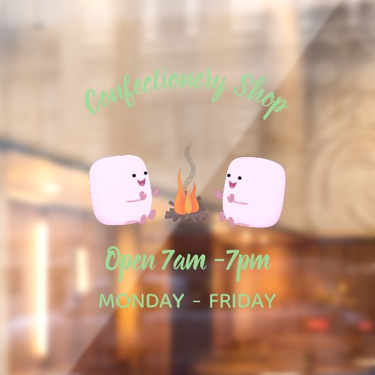 Cute roze marshmallows by kamp fire cartoon raamsticker (Vel 2)