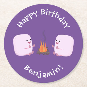 Cute roze marshmallows by kamp fire cartoon ronde kartonnen onderzetter