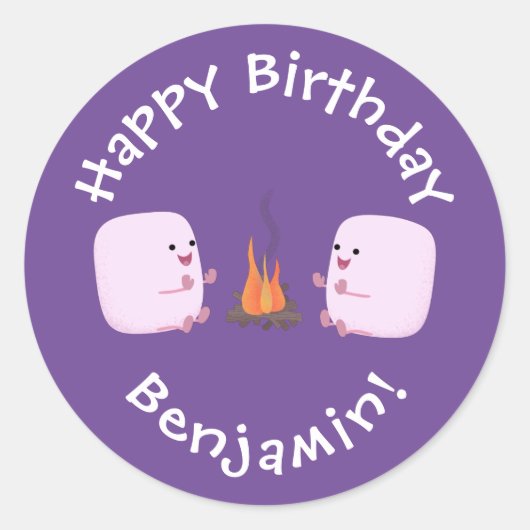 Cute roze marshmallows by kamp fire cartoon ronde sticker (Voorkant)