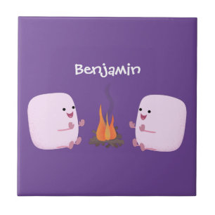 Cute roze marshmallows by kamp fire cartoon tegeltje