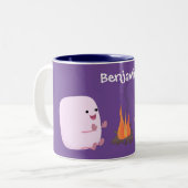 Cute roze marshmallows by kamp fire cartoon tweekleurige koffiemok (Voorkant links)