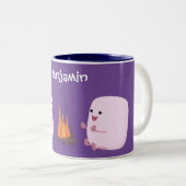 Cute roze marshmallows by kamp fire cartoon tweekleurige koffiemok (Voorkant rechts)