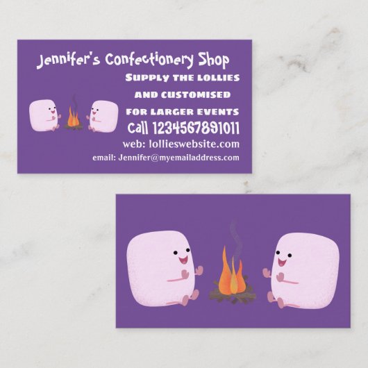 Cute roze marshmallows by kamp fire cartoon visitekaartje (Voorkant / Achterkant)