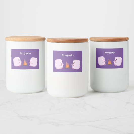 Cute roze marshmallows by kamp fire cartoon voedselcontainer etiket (Flessen)