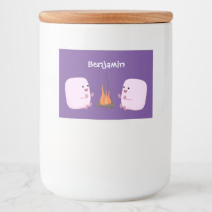 Cute roze marshmallows by kamp fire cartoon voedselcontainer etiket