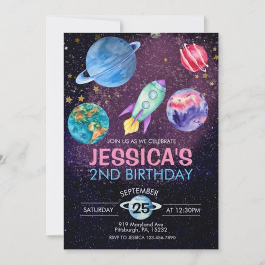 Cute Roze Meisje Feest Astronaut Verjaardagskaart Kaart (Voorkant)