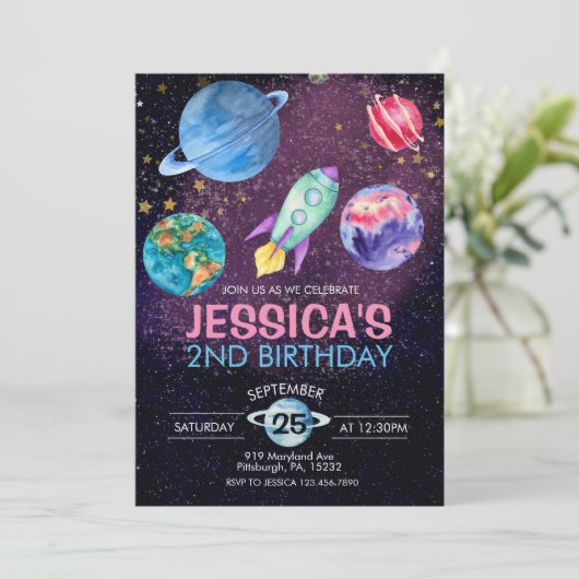 Cute Roze Meisje Feest Astronaut Verjaardagskaart Kaart (Staand voorkant)