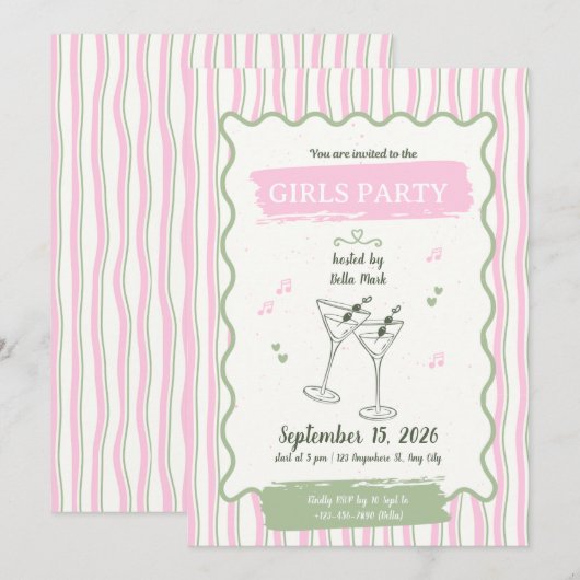 Cute Roze Meisjesfeestje Kaart (Voorkant / Achterkant)