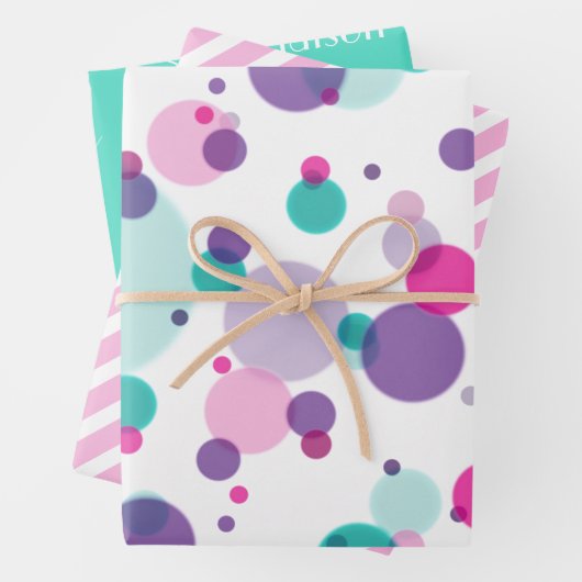 Cute roze mint paarse kleurrijke Stippen Naam Birt Inpakpapier Vel (In situ)