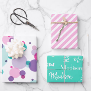 Cute roze mint paarse kleurrijke Stippen Naam Birt Inpakpapier Vel