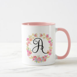 Cute roze monogram (A) Bloem met Mok