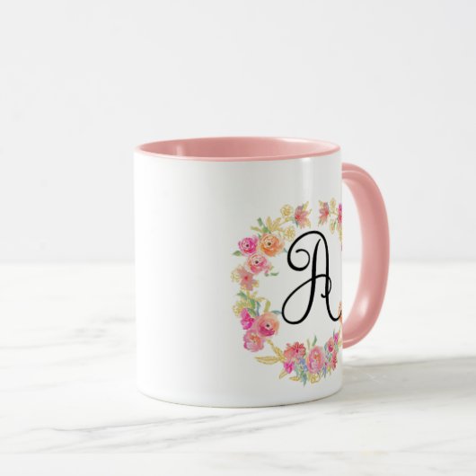 Cute roze monogram (A) Bloem met Mok (Voorkant rechts)