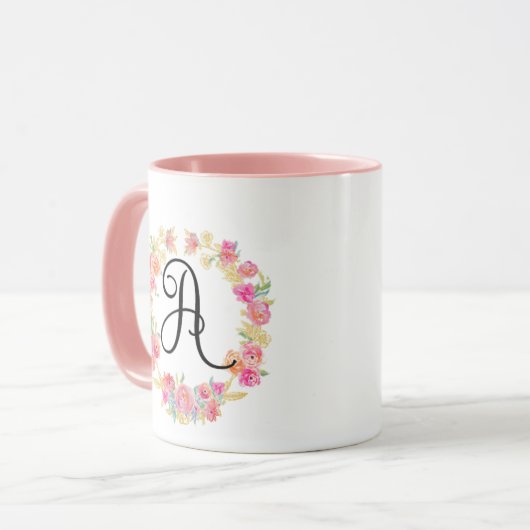 Cute roze monogram (A) Bloem met Mok (Voorkant links)