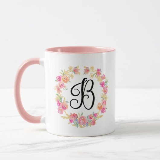 Cute roze monogram (B) Bloem met Mok (Links)