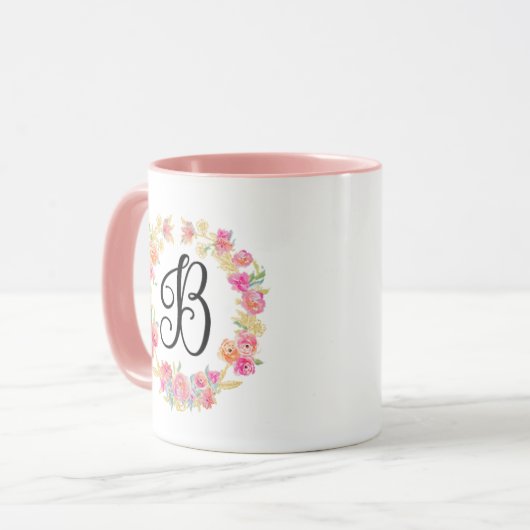 Cute roze monogram (B) Bloem met Mok (Voorkant links)