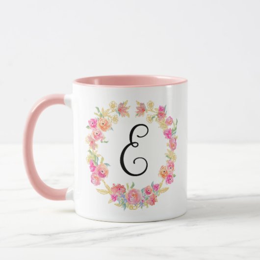 Cute roze monogram (E) Bloem met Mok (Links)