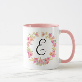 Cute roze monogram (E) Bloem met Mok
