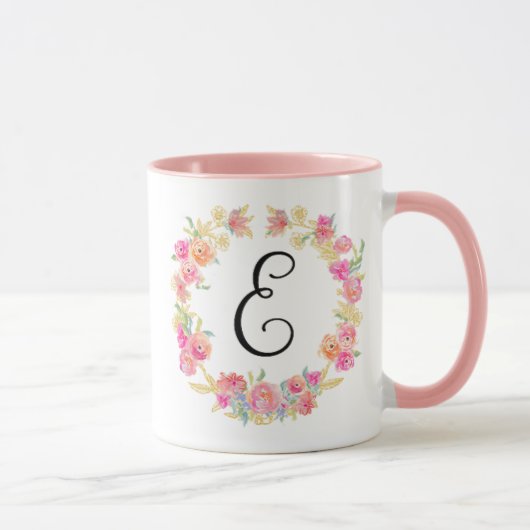 Cute roze monogram (E) Bloem met Mok (Rechts)