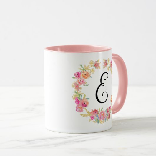 Cute roze monogram (E) Bloem met Mok (Voorkant rechts)
