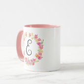 Cute roze monogram (E) Bloem met Mok (Voorkant links)