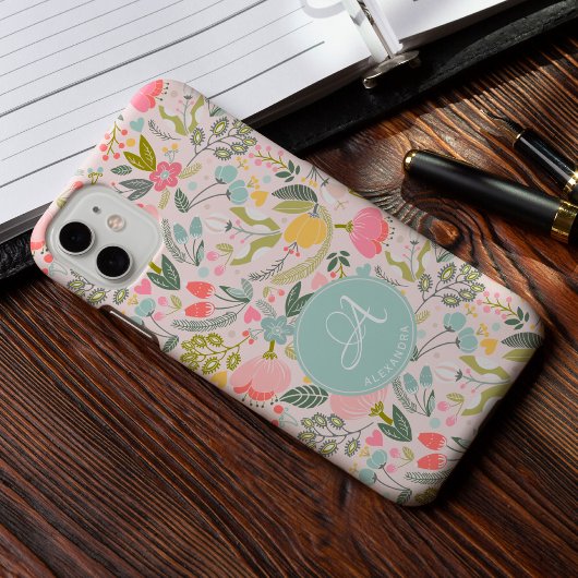 Cute roze monogram, gepersonaliseerde girale naam Case-Mate iPhone case