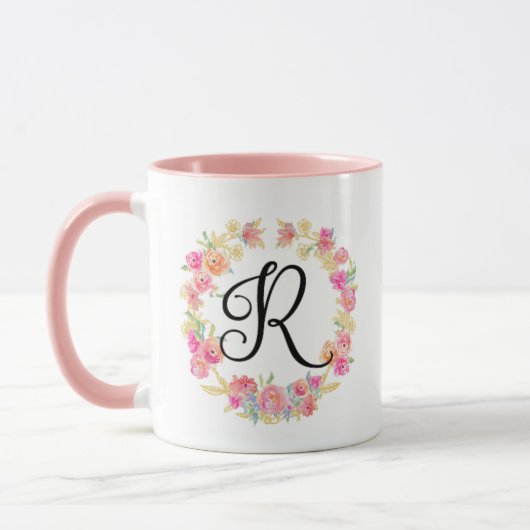 Cute roze monogram (R) Bloem met Mok (Links)