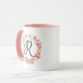Cute roze monogram (R) Bloem met Mok (Voorkant links)