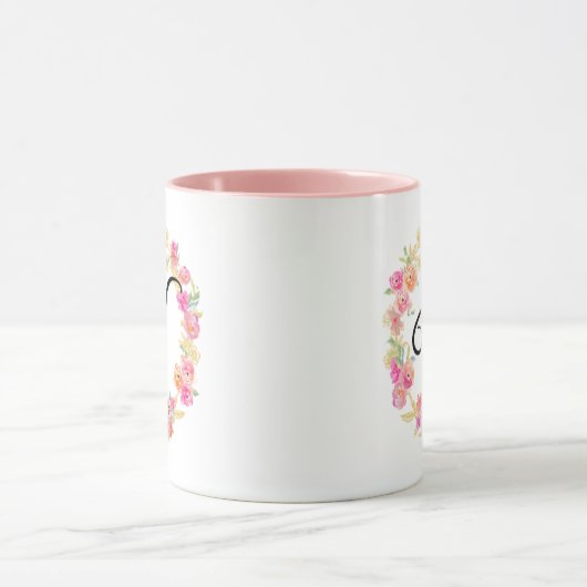 Cute roze monogram (V) Bloem met Mok (Midden)