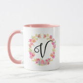 Cute roze monogram (V) Bloem met Mok (Links)