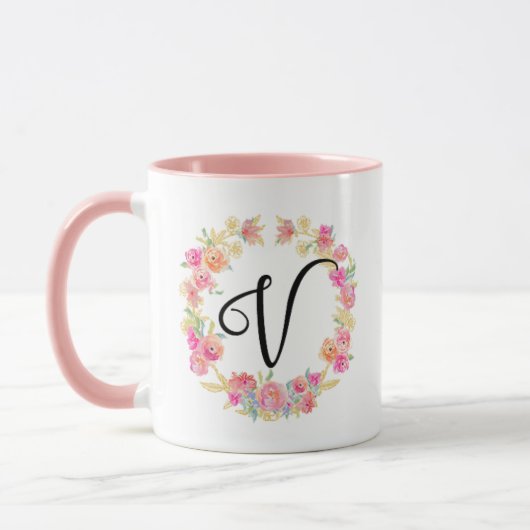 Cute roze monogram (V) Bloem met Mok (Links)