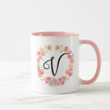 Cute roze monogram (V) Bloem met Mok