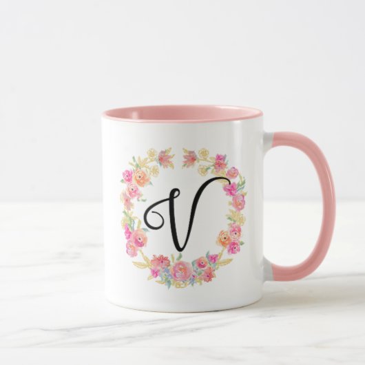 Cute roze monogram (V) Bloem met Mok (Rechts)