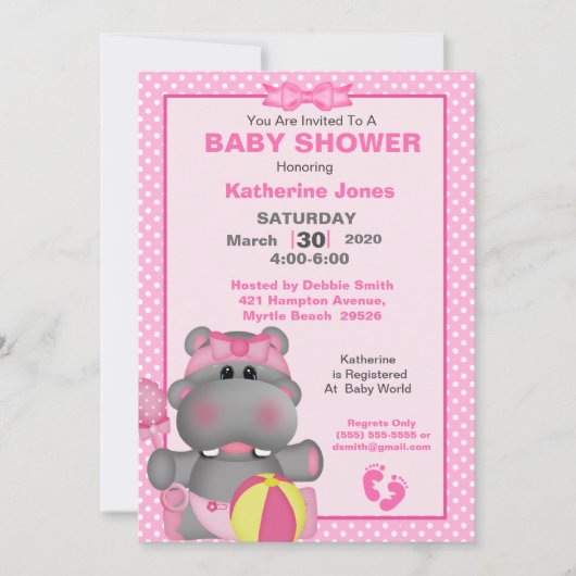 Cute Roze Nijlpaard Baby Shower Uitnodiging (Voorkant)