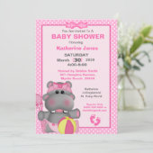 Cute Roze Nijlpaard Baby Shower Uitnodiging (Staand voorkant)