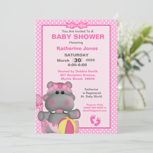 Cute Roze Nijlpaard Baby Shower Uitnodiging (Staand voorkant)