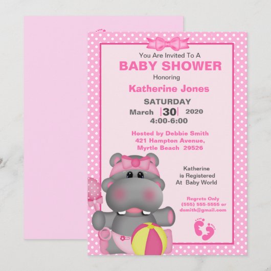 Cute Roze Nijlpaard Baby Shower Uitnodiging (Voorkant / Achterkant)