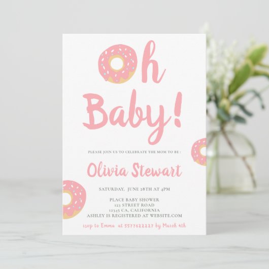 Cute roze oh baby donut script baby shower kaart (Staand voorkant)