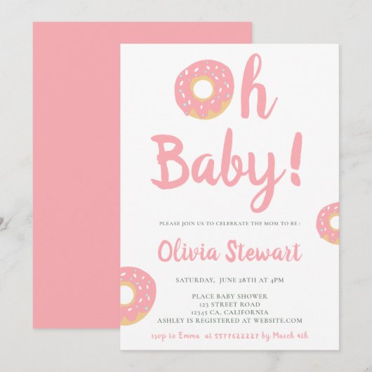 Cute roze oh baby donut script baby shower kaart (Voorkant / Achterkant)