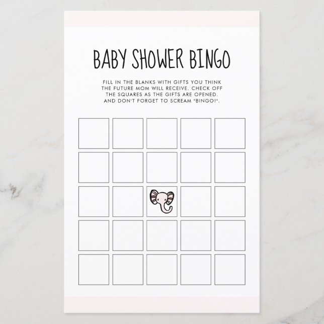 Cute roze olifant Baby shower Bingo (Voorkant)