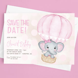 Cute Roze Olifant Ballon 1e Verjaardag Save The Date